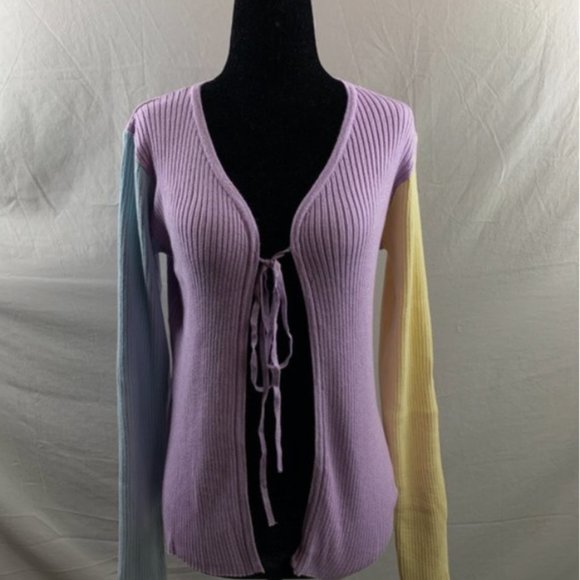 By Design Sweaters - Rib Knit Tie Front Color Block Cardigan